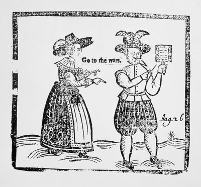 Gå til krigene, illustration fra en pjece, der viser beslutningen om London-kvinder, der sender deres mænd for at kæmpe i Trediveårskrigen, ca. 1619 af English School